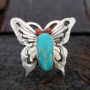 Vintage turquoise and red coral ring